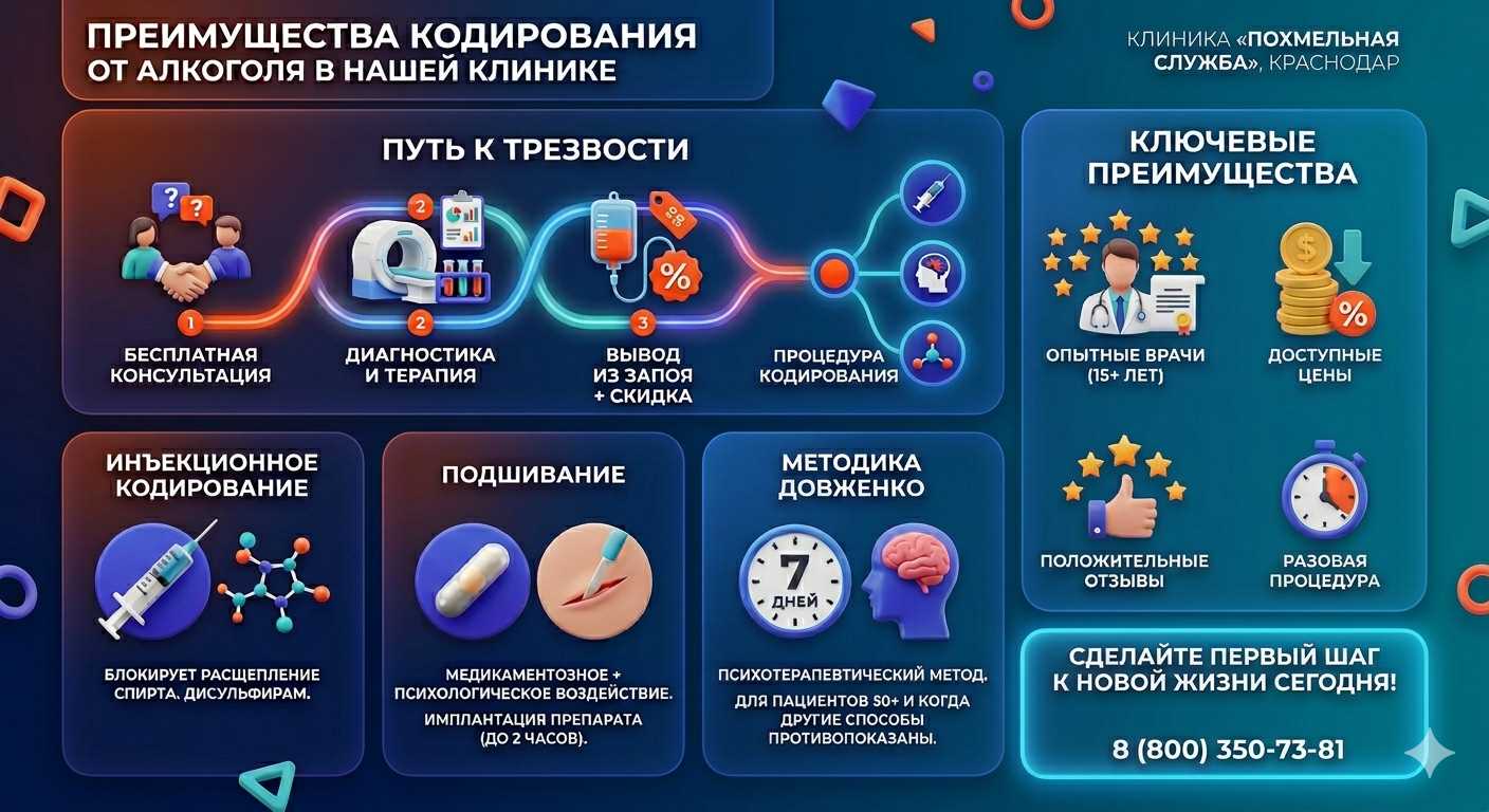 Инфографика о методах кодирования от алкоголя в Мамоново: инъекции, подшивание, метод Довженко. Преимущества клиники и этапы лечения.